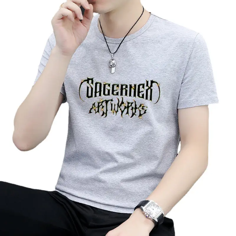 Men Printed Grey T-Shirt Short Sleeve Crew Neck - Image 13