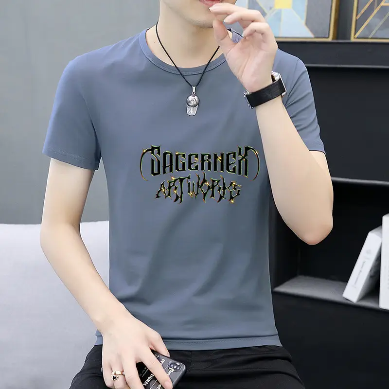 Men Printed Grey T-Shirt Short Sleeve Crew Neck - Image 3