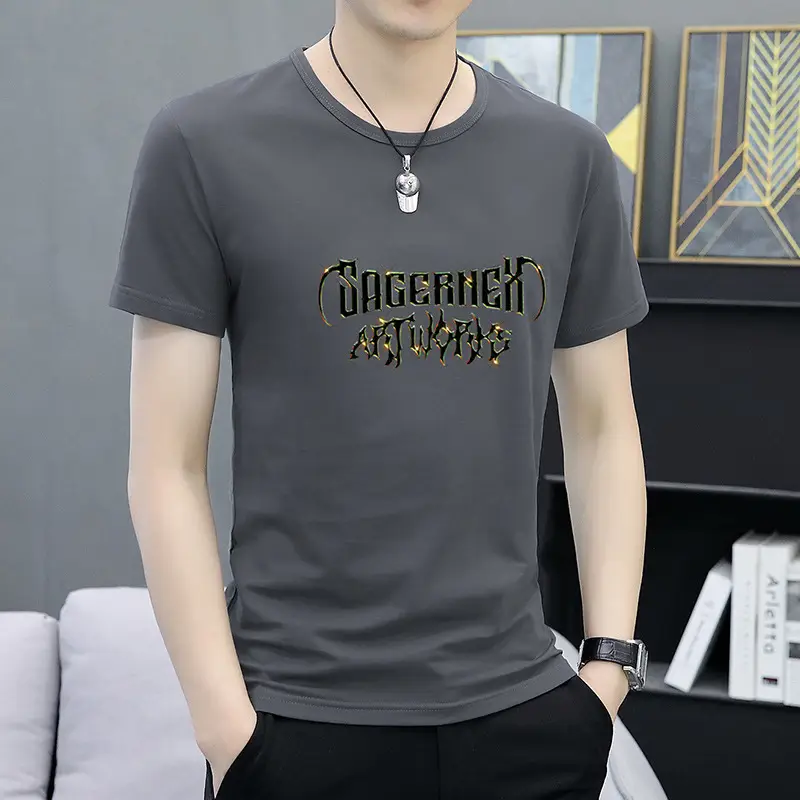 Men Printed Grey T-Shirt Short Sleeve Crew Neck - Image 4