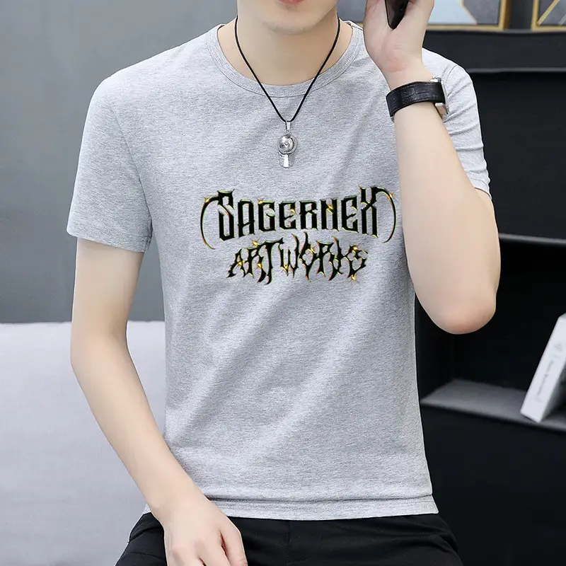 Men Printed Grey T-Shirt Short Sleeve Crew Neck - Image 5