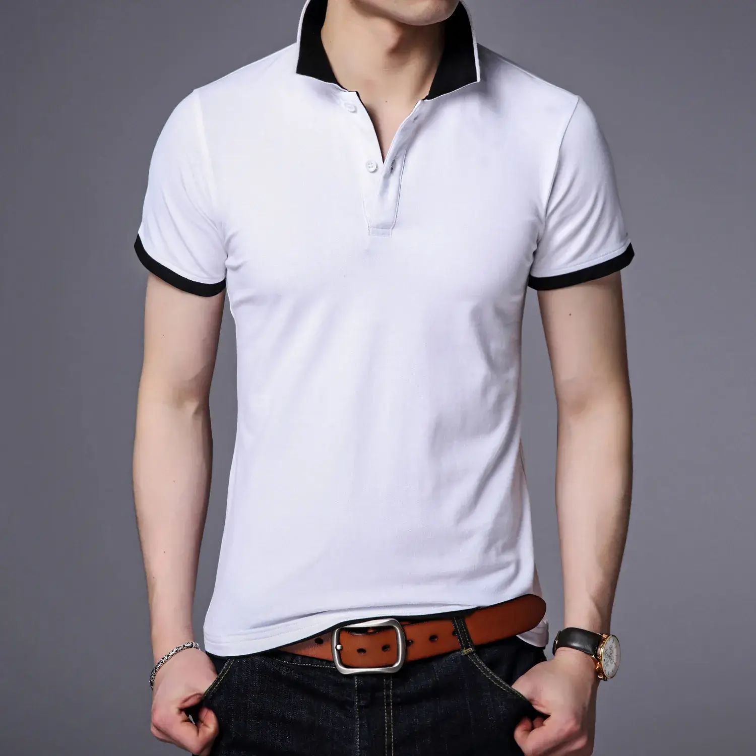 Men's Light Blue Mercerized Cotton Polo Shirt Slim Fit - Image 12