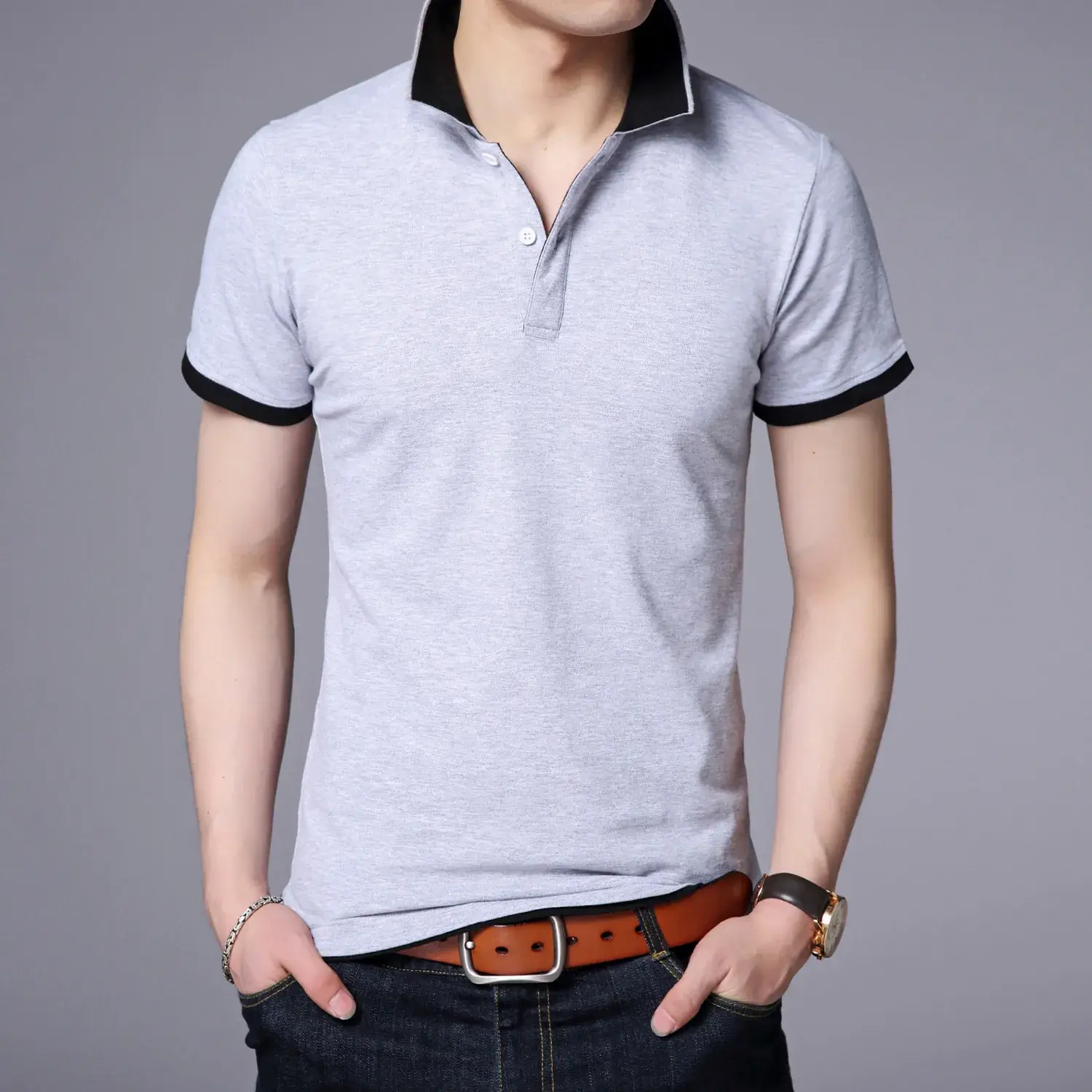 Men's Light Blue Mercerized Cotton Polo Shirt Slim Fit - Image 13