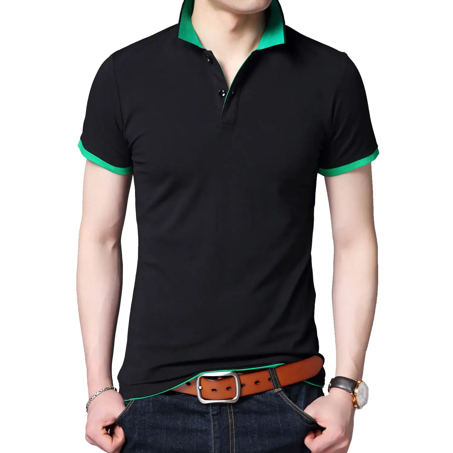 Men's Light Blue Mercerized Cotton Polo Shirt Slim Fit - Image 15