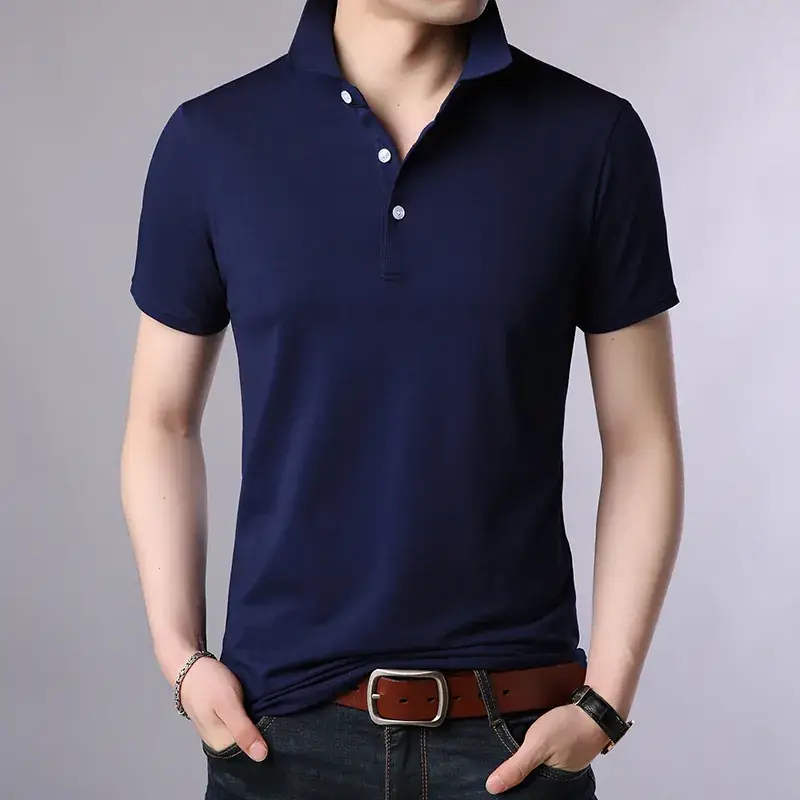 Men's Light Blue Mercerized Cotton Polo Shirt Slim Fit - Image 5