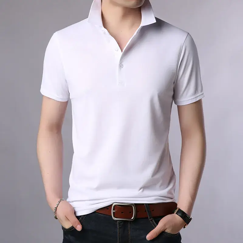 Men's Light Blue Mercerized Cotton Polo Shirt Slim Fit - Image 8