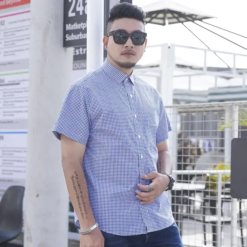 Plus Size Plaid Shirt Blue White Business Casual - Image 13