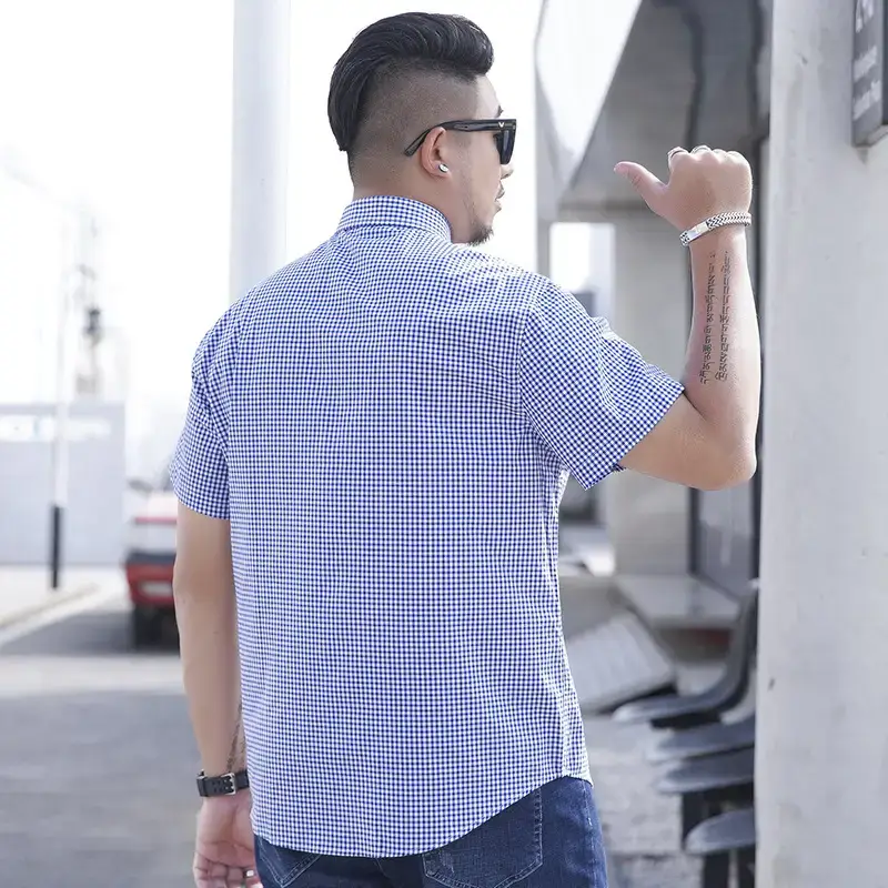 Plus Size Plaid Shirt Blue White Business Casual - Image 14