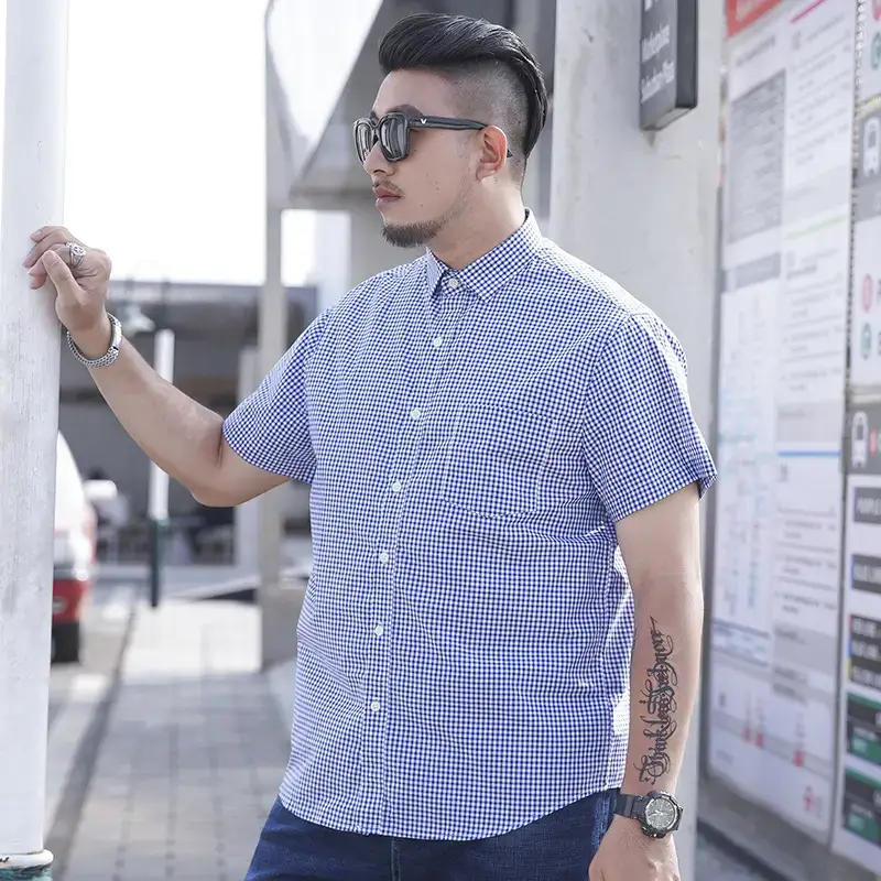 Plus Size Plaid Shirt Blue White Business Casual - Image 15