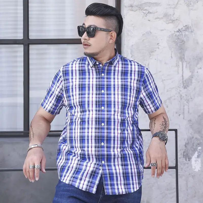 Plus Size Plaid Shirt Blue White Business Casual - Image 4