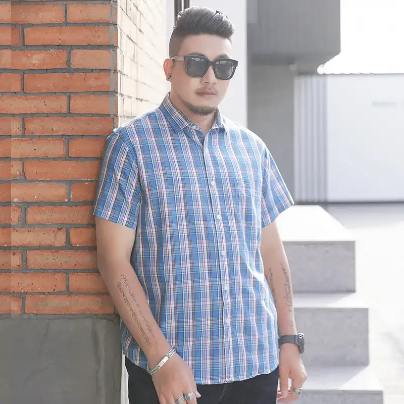 Plus Size Plaid Shirt Blue White Business Casual - Image 7