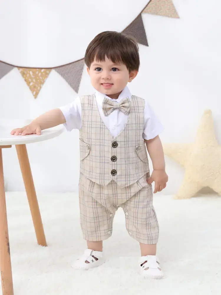 British Style Plaid Boy Suit Short Sleeve Conjoined - Image 7