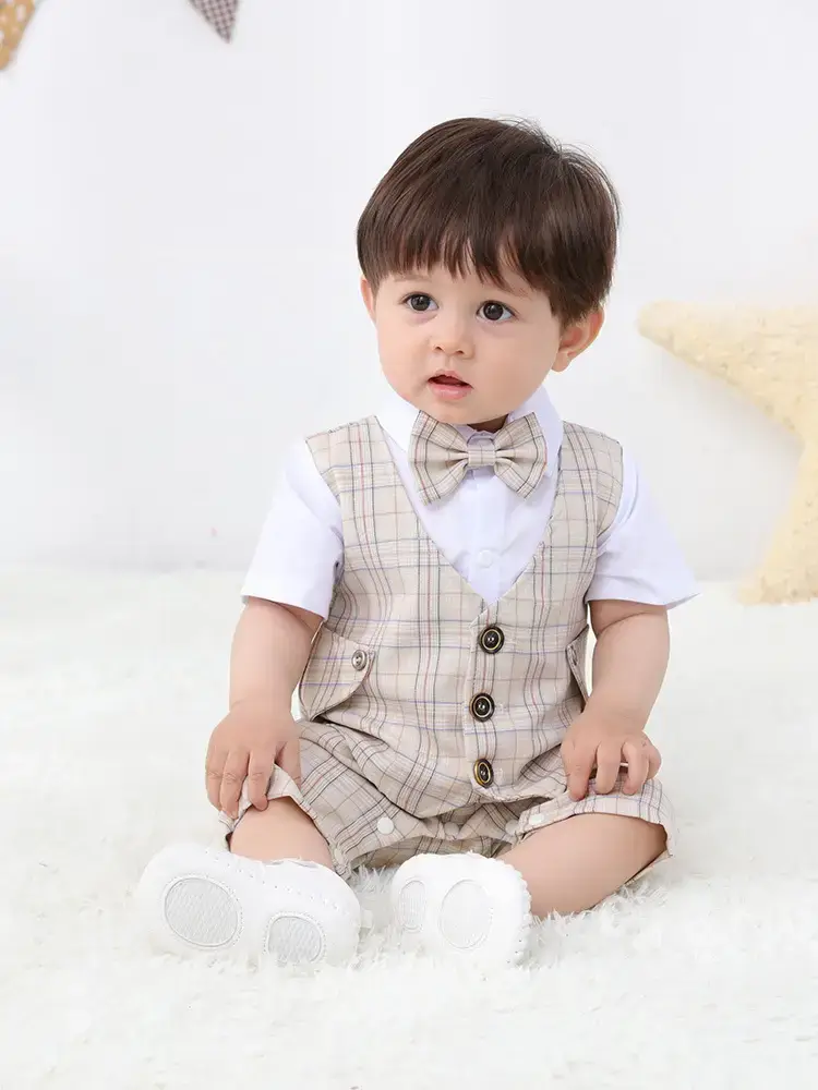 British Style Plaid Boy Suit Short Sleeve Conjoined - Image 9
