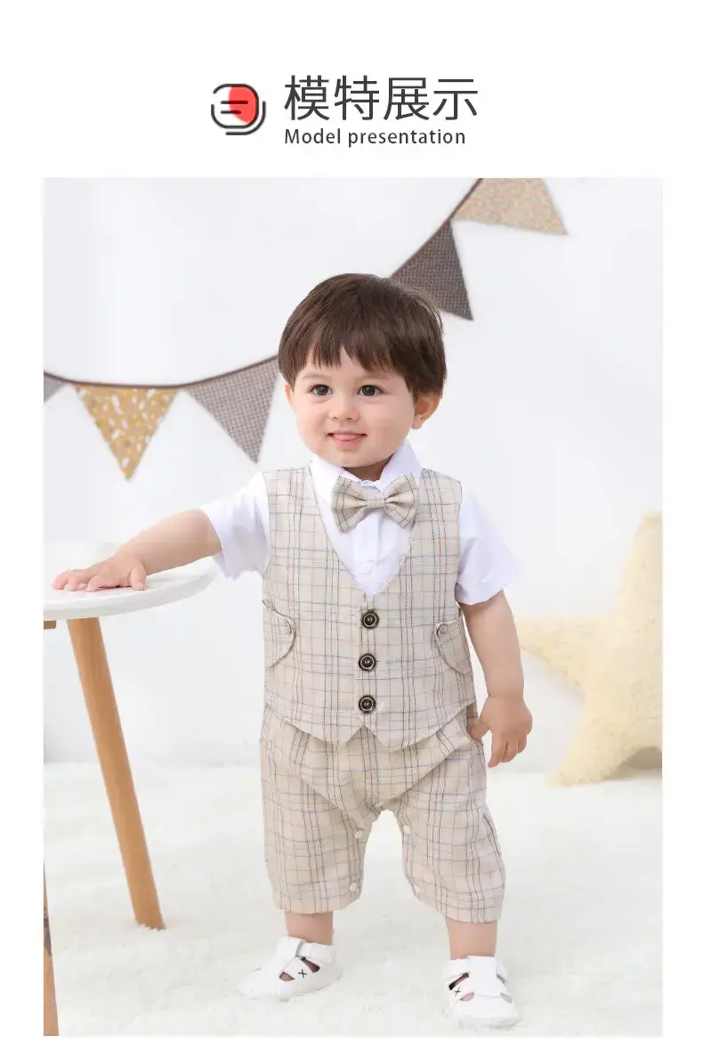 British Style Plaid Boy Suit Short Sleeve Conjoined — feature 6