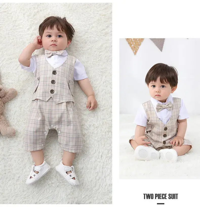 British Style Plaid Boy Suit Short Sleeve Conjoined — feature 8