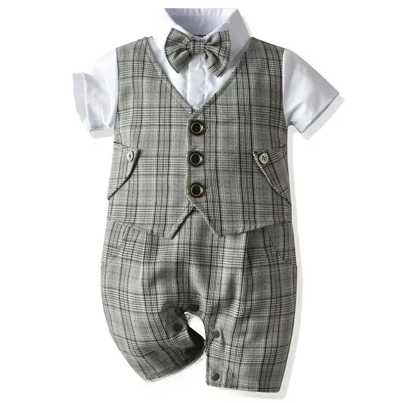 British Style Plaid Boy Suit Short Sleeve Conjoined - Image 3