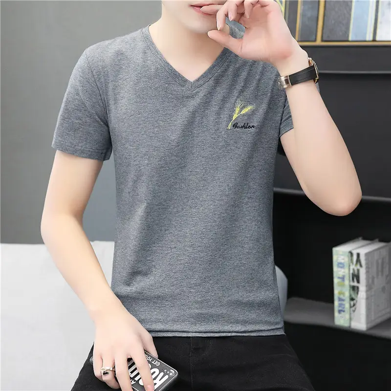Men V-Neck Embroidered T-Shirt Grey 2020 Summer - Image 8