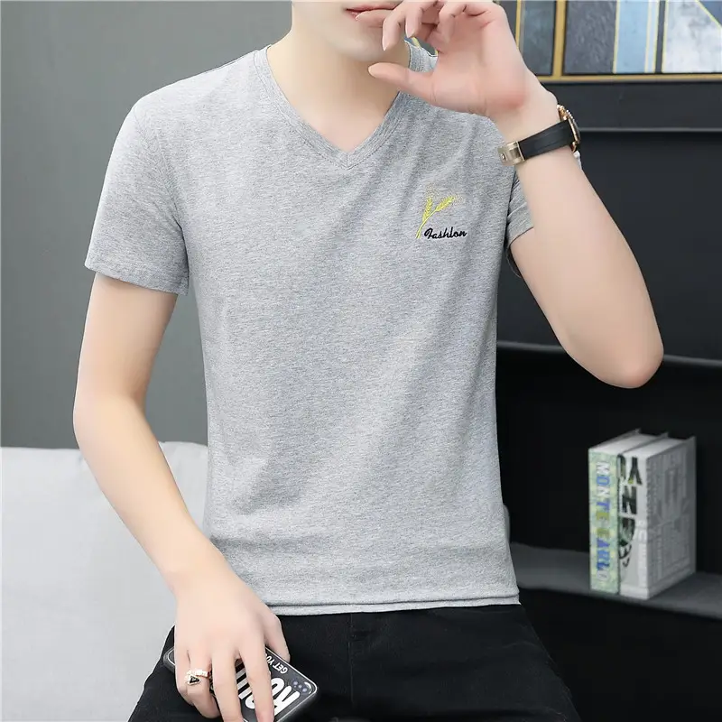 Men V-Neck Embroidered T-Shirt Grey 2020 Summer - Image 9