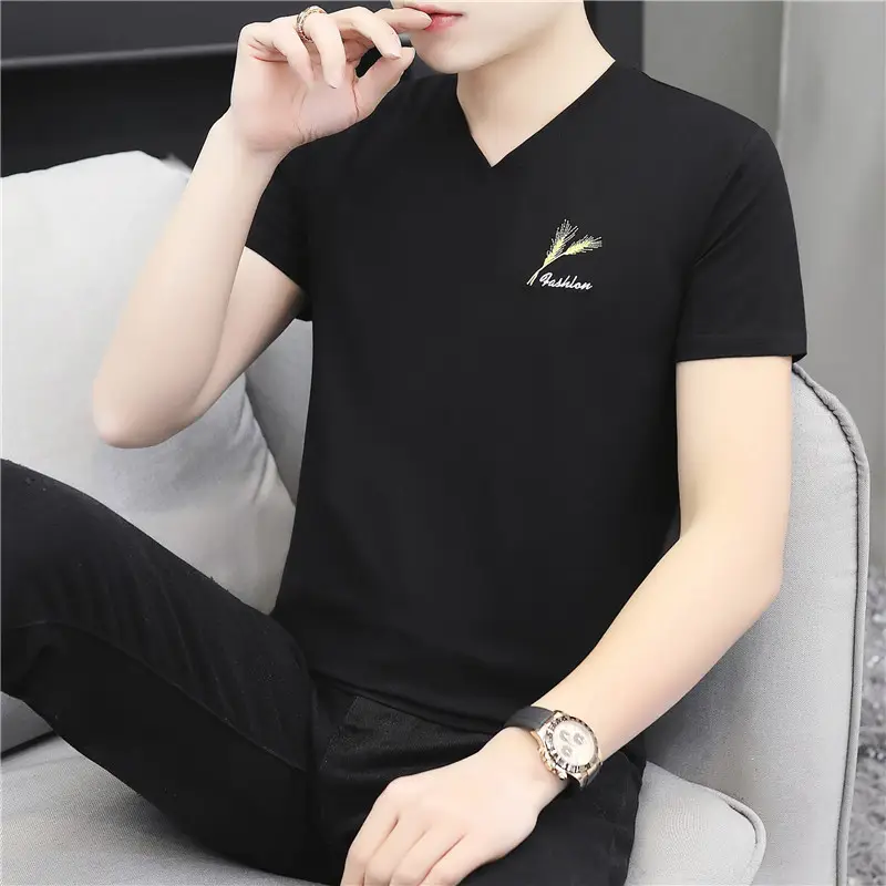 Men V-Neck Embroidered T-Shirt Grey 2020 Summer - Image 2