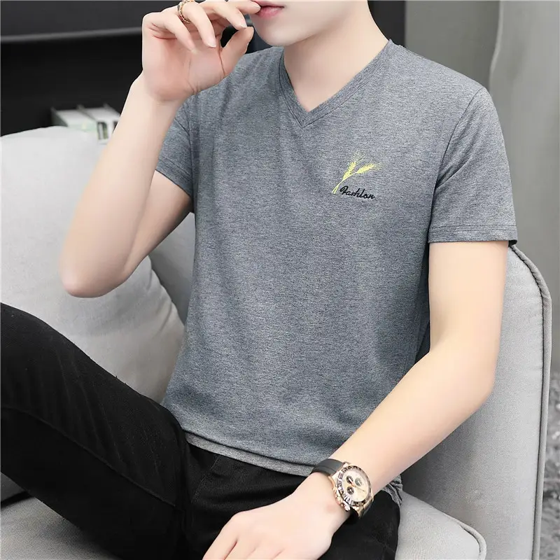 Men V-Neck Embroidered T-Shirt Grey 2020 Summer - Image 4