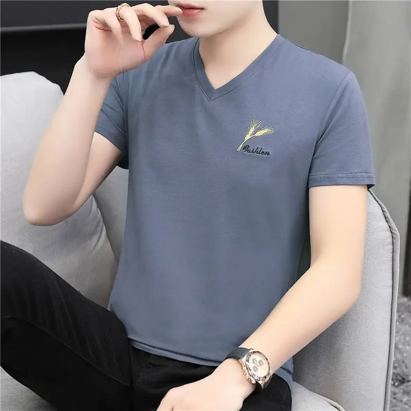 Men V-Neck Embroidered T-Shirt Grey 2020 Summer - Image 5