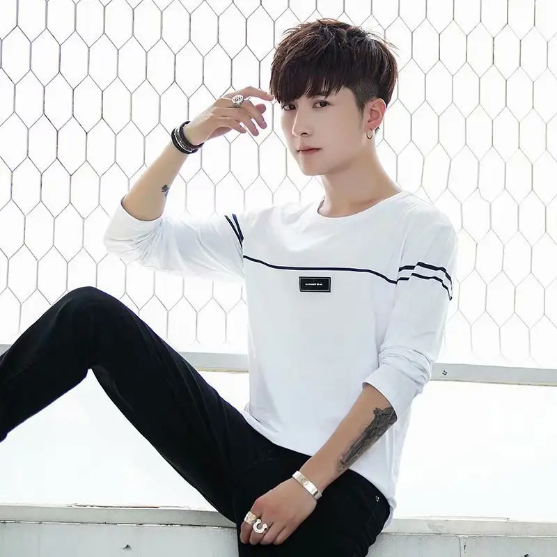 Men Long Sleeve Crew Neck T-Shirt Beige Black - Image 11
