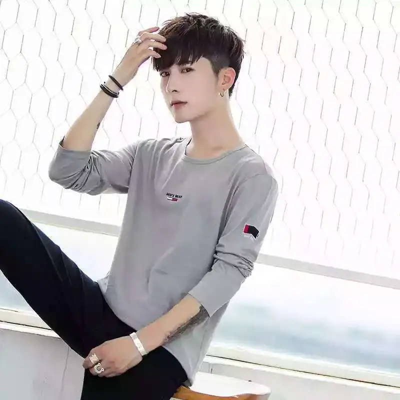 Men Long Sleeve Crew Neck T-Shirt Beige Black - Image 12