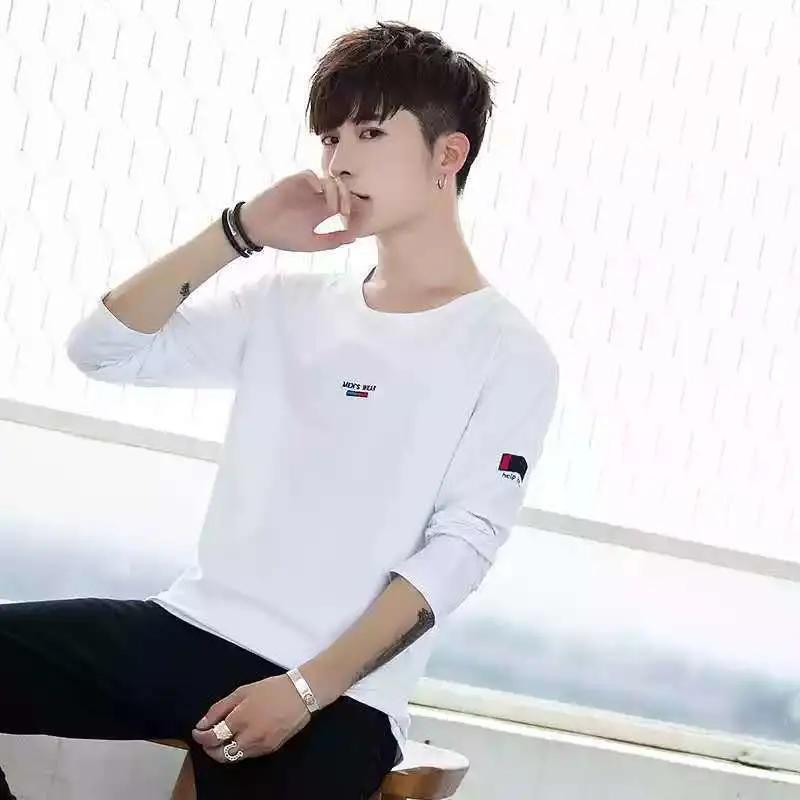 Men Long Sleeve Crew Neck T-Shirt Beige Black - Image 16