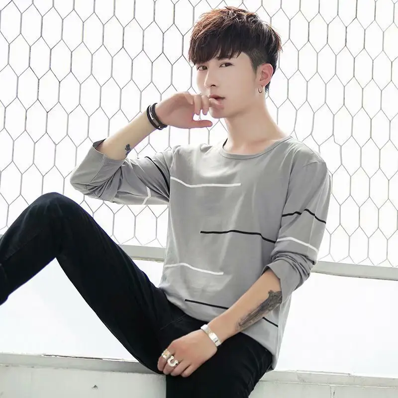 Men Long Sleeve Crew Neck T-Shirt Beige Black - Image 17