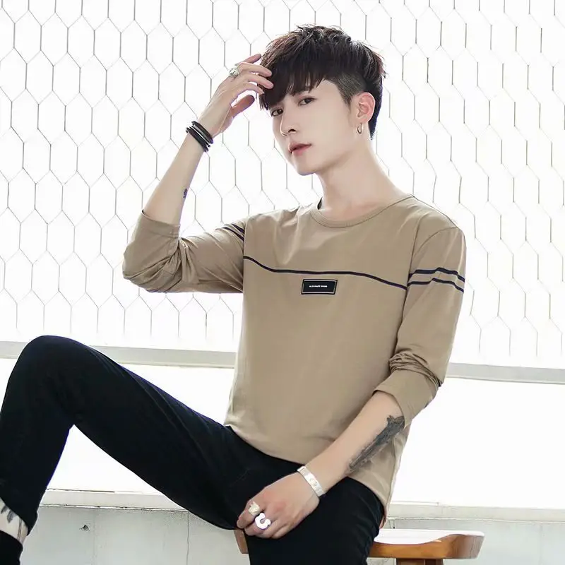 Men Long Sleeve Crew Neck T-Shirt Beige Black - Image 18
