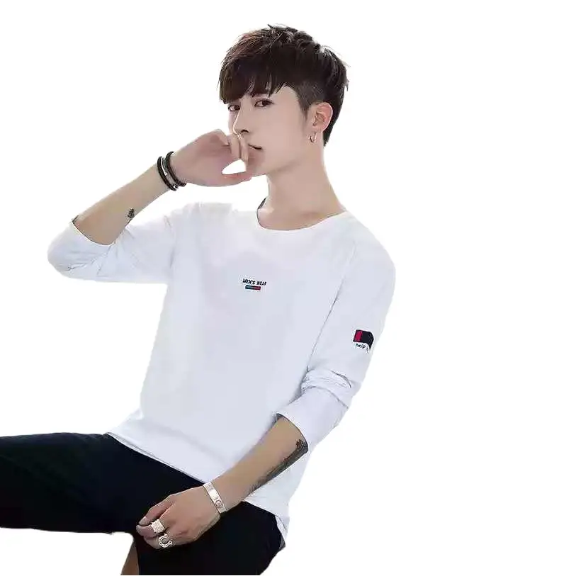 Men Long Sleeve Crew Neck T-Shirt Beige Black