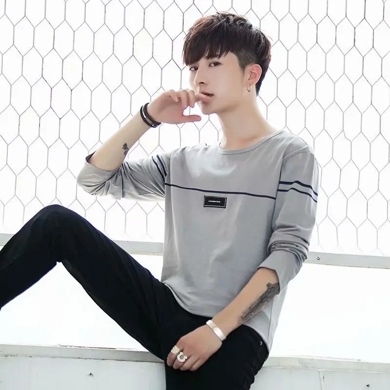 Men Long Sleeve Crew Neck T-Shirt Beige Black - Image 3