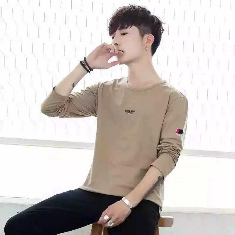 Men Long Sleeve Crew Neck T-Shirt Beige Black - Image 5