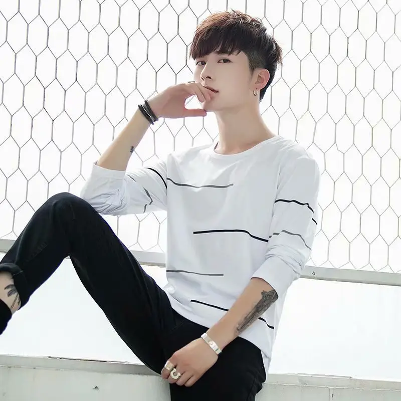 Men Long Sleeve Crew Neck T-Shirt Beige Black - Image 7