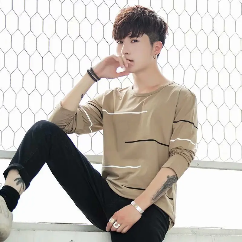 Men Long Sleeve Crew Neck T-Shirt Beige Black - Image 8