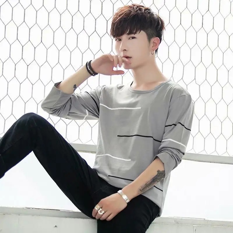 Men Long Sleeve Crew Neck T-Shirt Beige Black - Image 9