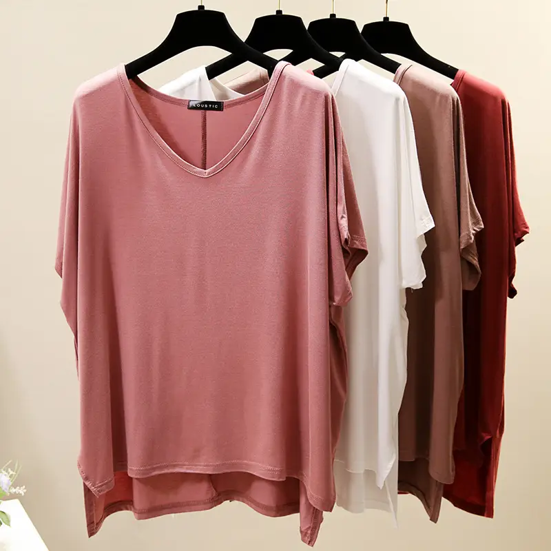 Women V-Neck Loose T-Shirt Red Plus Size - Image 9