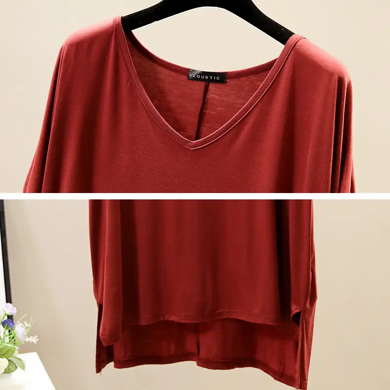 Women V-Neck Loose T-Shirt Red Plus Size - Image 11