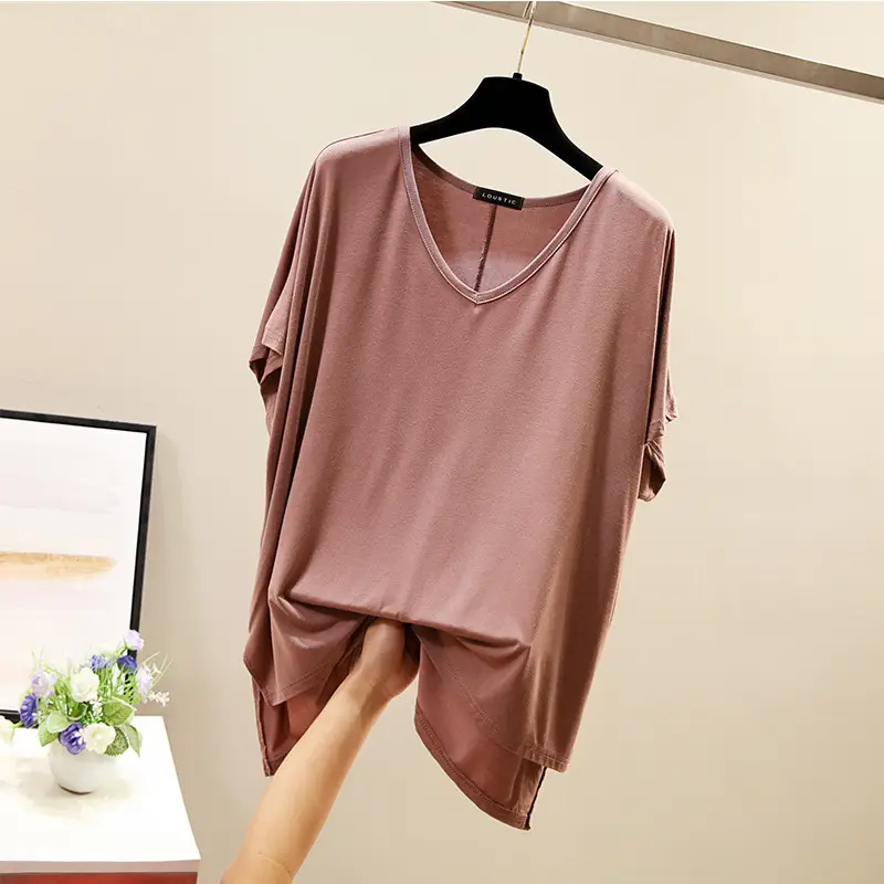 Women V-Neck Loose T-Shirt Red Plus Size - Image 12