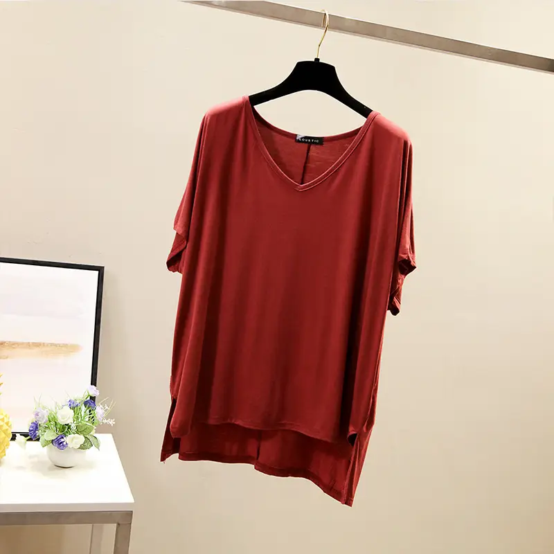Women V-Neck Loose T-Shirt Red Plus Size - Image 2