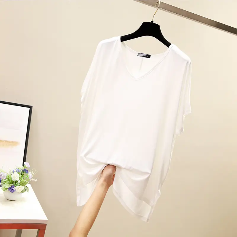 Women V-Neck Loose T-Shirt Red Plus Size - Image 3