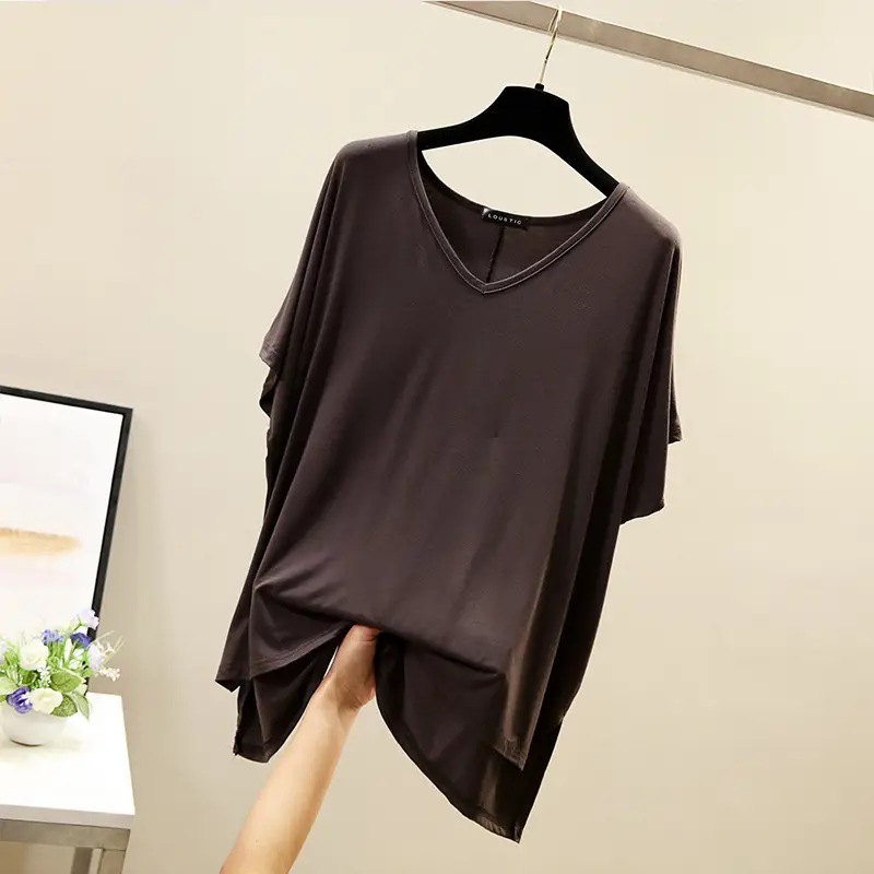 Women V-Neck Loose T-Shirt Red Plus Size - Image 4