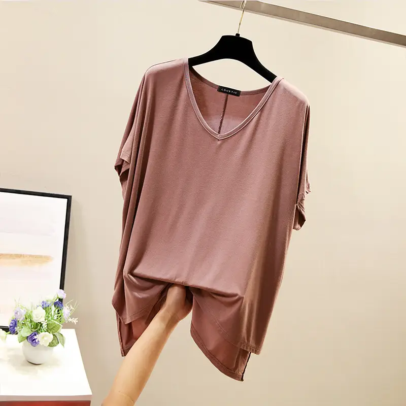 Women V-Neck Loose T-Shirt Red Plus Size - Image 5