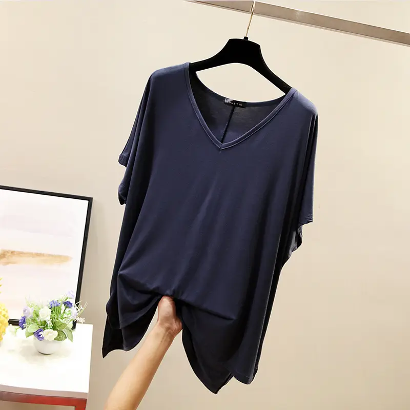 Women V-Neck Loose T-Shirt Red Plus Size - Image 6
