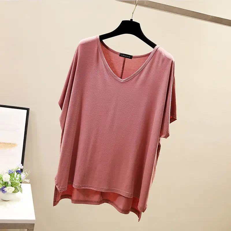 Women V-Neck Loose T-Shirt Red Plus Size - Image 7