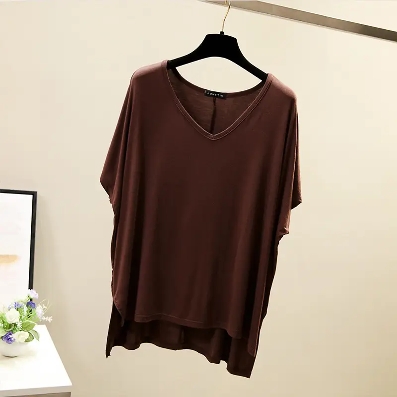 Women V-Neck Loose T-Shirt Red Plus Size - Image 8