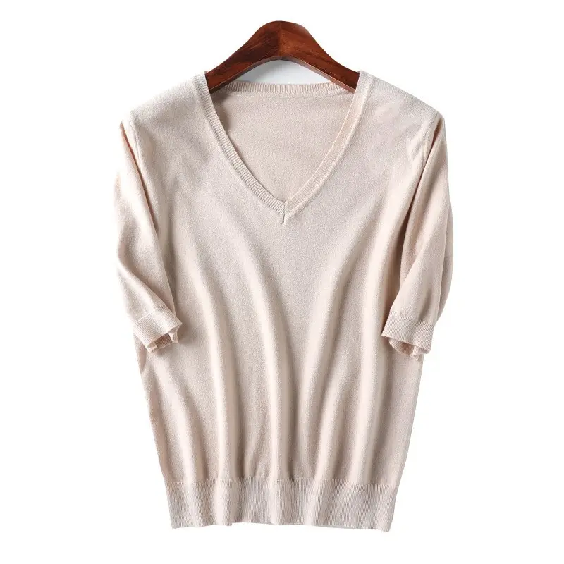 Women Knitted V-Neck Half Sleeve Top White
