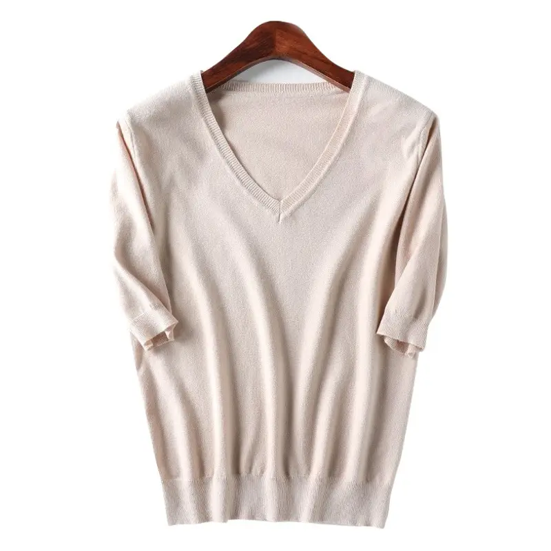 Women Knitted V-Neck Half Sleeve Top White