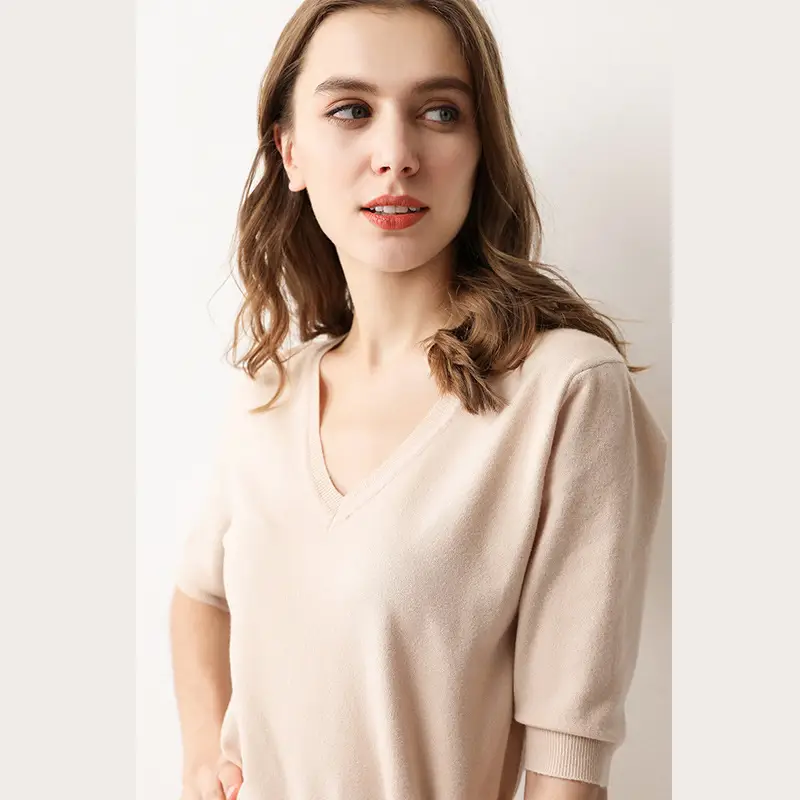 Women Knitted V-Neck Half Sleeve Top White