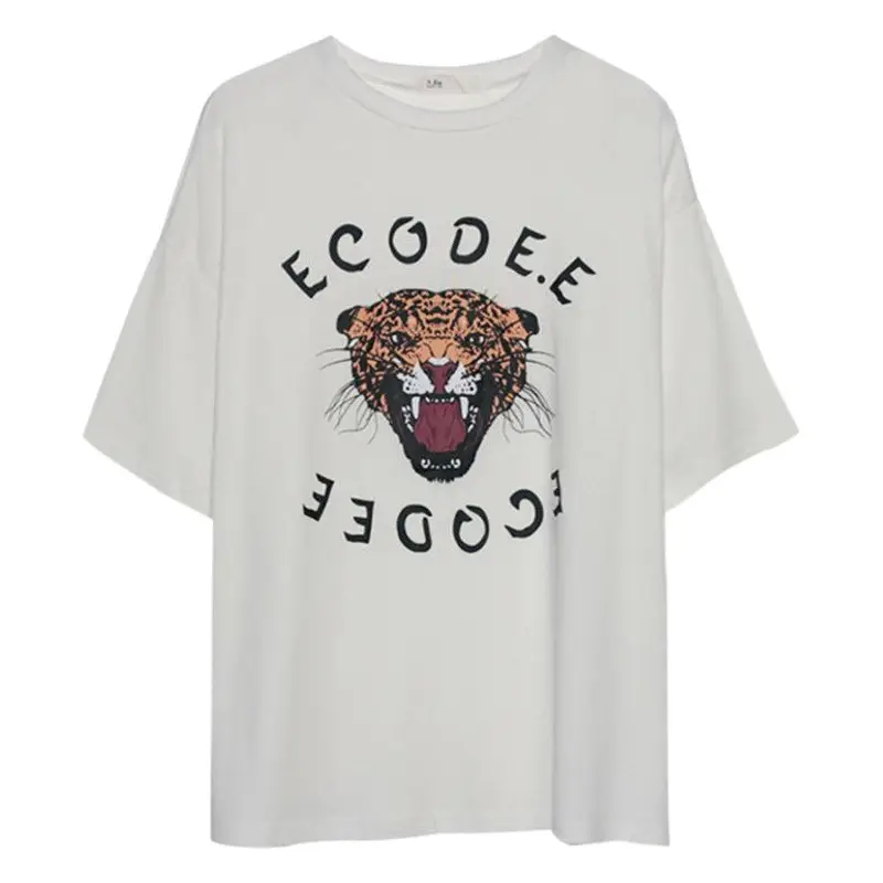 Korean Style Women Black Graphic T-Shirt Round Neck Loose