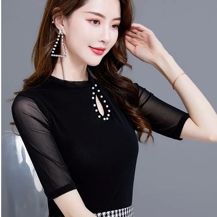 Black Pearl Mesh Slim Fit Top with Hollow Out Design - Image 2